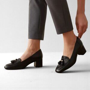 Anne Klein Leather Square Toe 2.5" Block Heel Loafer Slip On Style Pumps